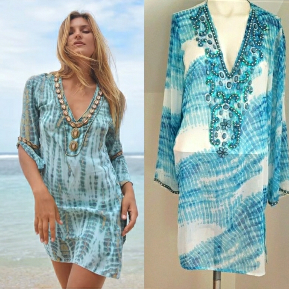 Blue Island Sheer Beach Swim Cover Turqouise Embellished  V Neck Tunic Dress, L